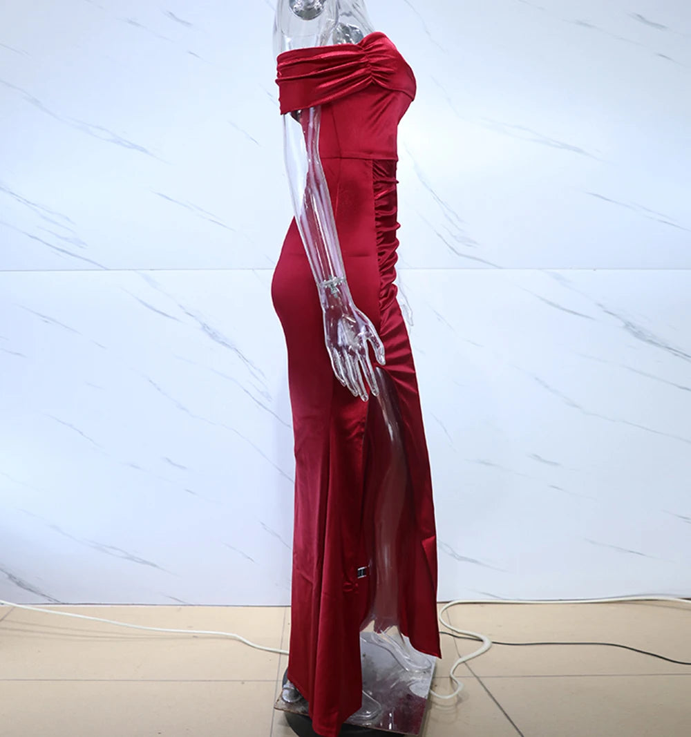 Satin Off Shoulder Split Long Dresses
