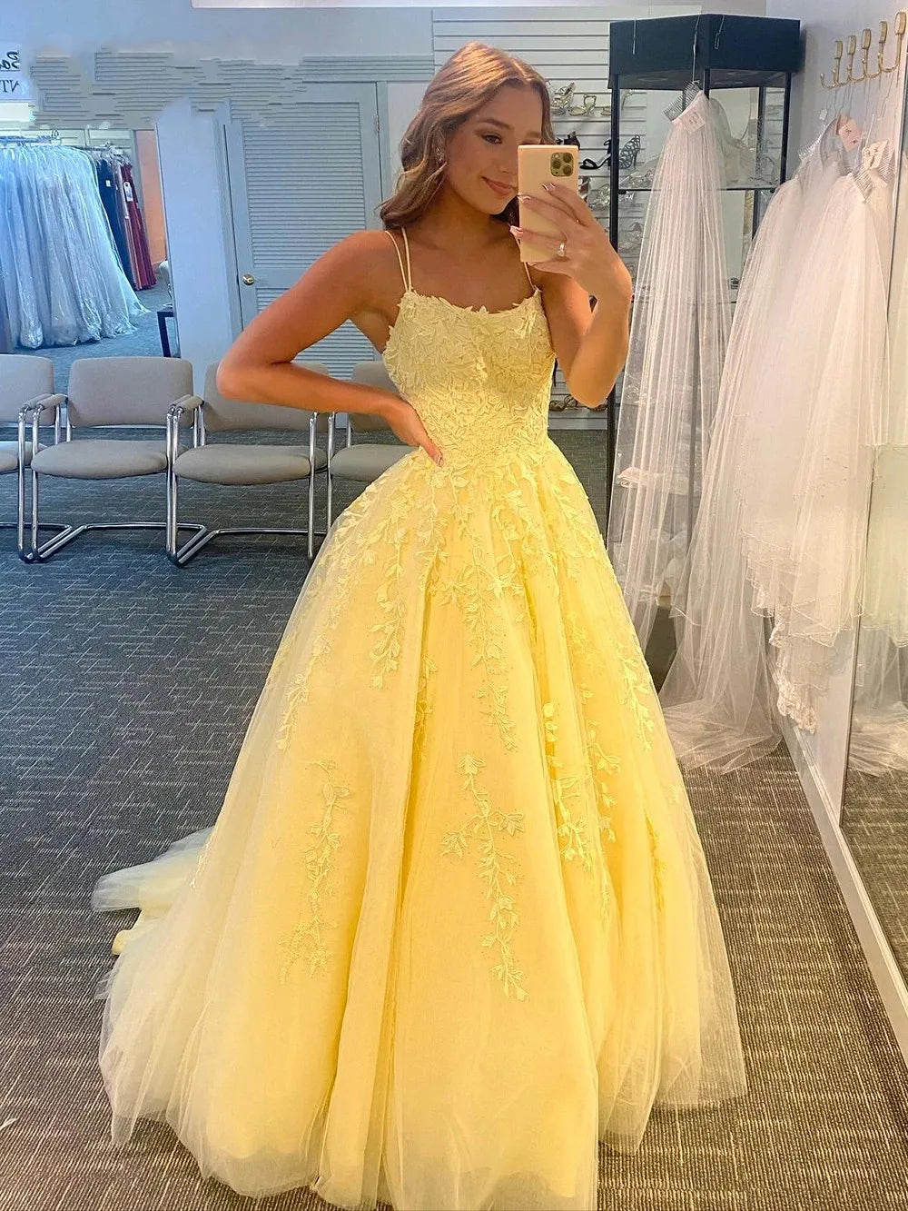 Spaghetti Strap A-Line Lace-up Long Dress