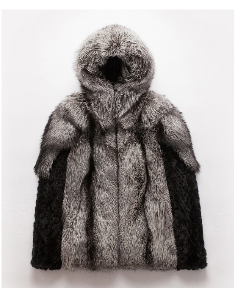 Real Fox Fur Hooded Coats Black Real Mink Fur Sleeves