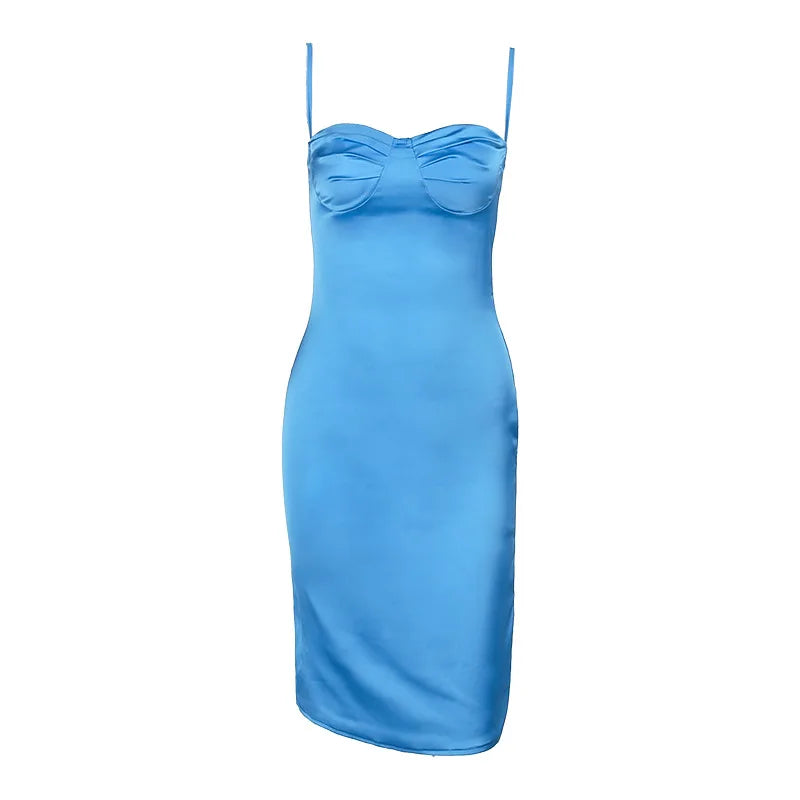 Satin Spaghetti Strap Sleeveless Backless Midi Dresses