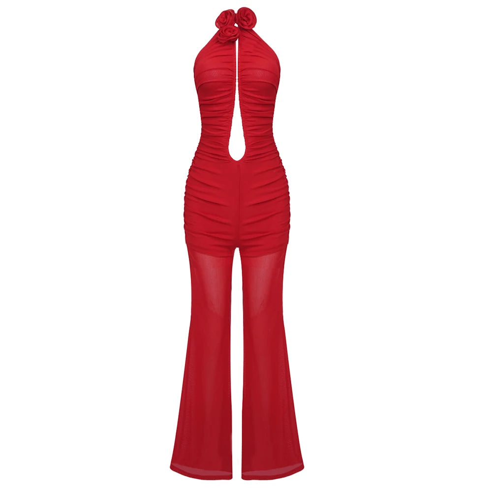 3D Flowers Open V Mesh Wide Leg Jumpsuits