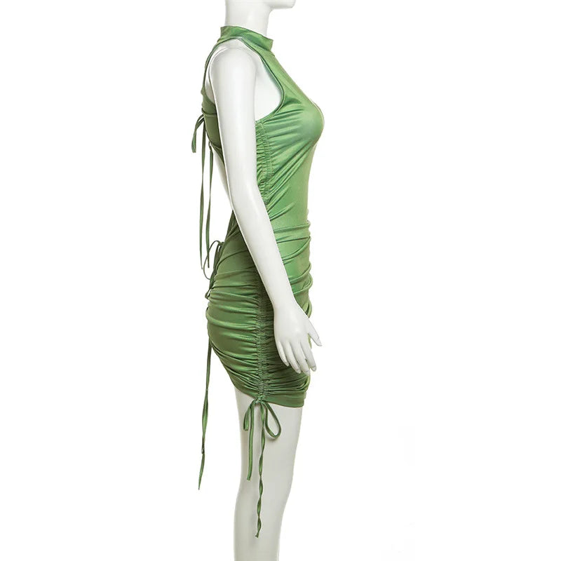 Sleeveless Hollow Back Drawstring Mini Dress