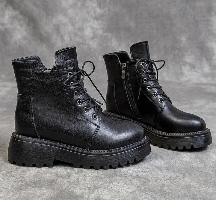 Black Platform Genuine Leather Ankle Boots