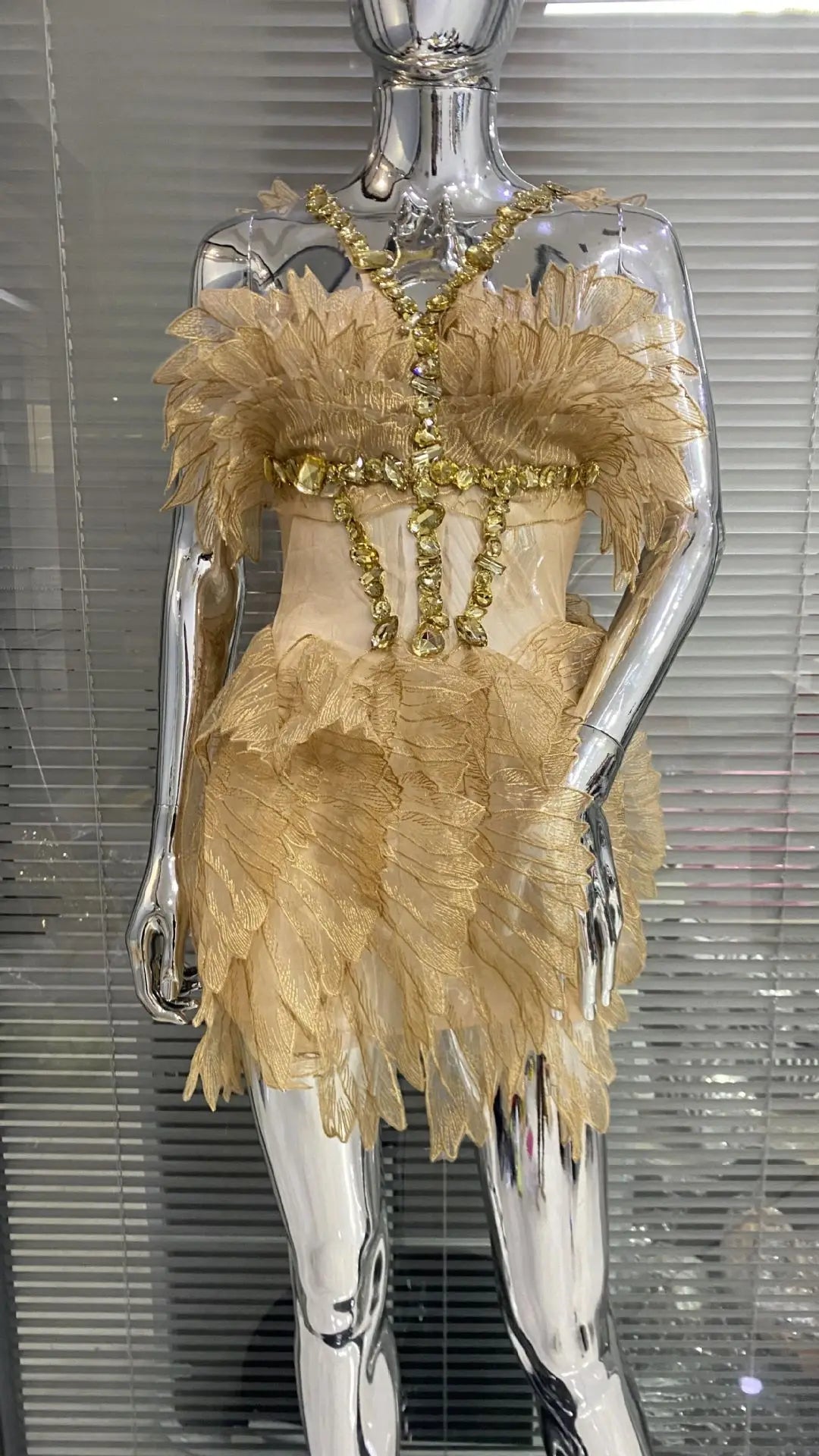 Crystal Wing Feather Mesh Crystal Mini Dresses