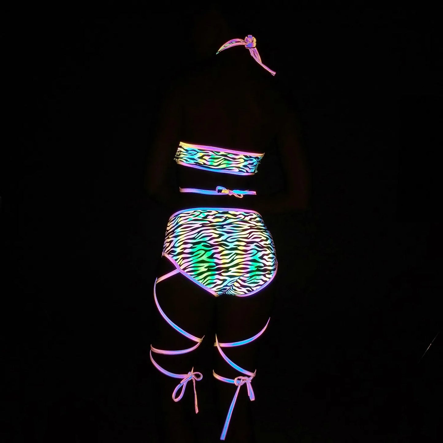Colorful Reflective Bandage Shorts+Bra+Crop Sets