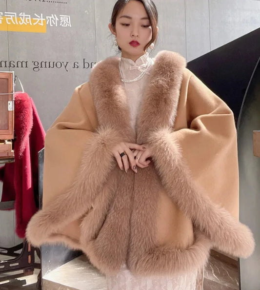 Cashmere Double-Faced Real Fur Wool Poncho Capes