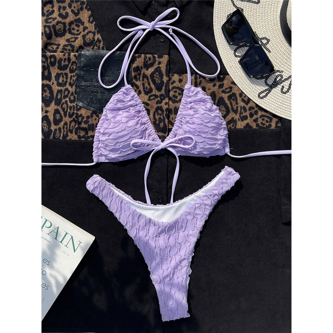 Wrinkled Wrap Halter Brazilian Bikini Set