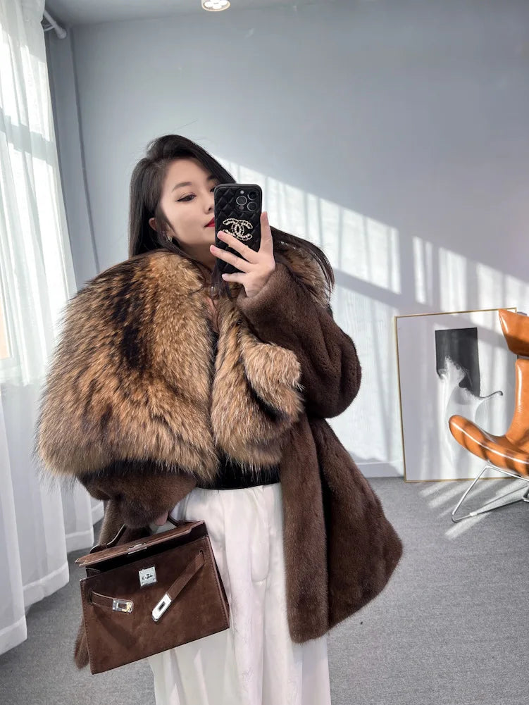 Luxury Real Mink Fur Coat Huge Fox Fur Collar