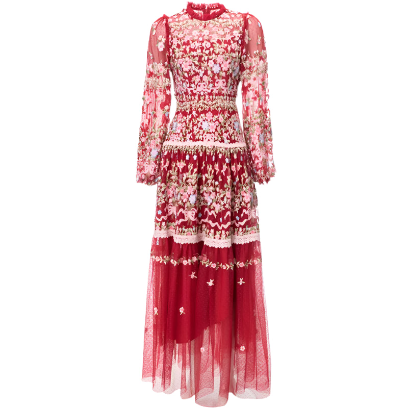 Vintage Mesh Lantern Sleeve Long Dresses