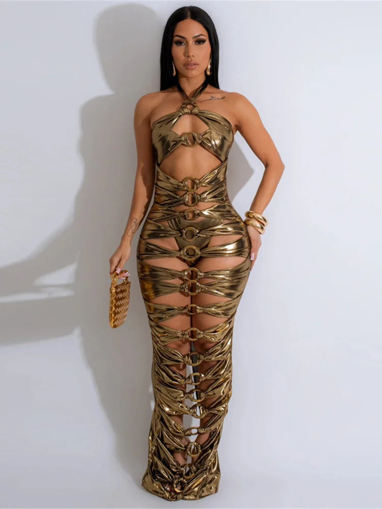 Halter Metal Buckle Hollow Backless Long Dresses