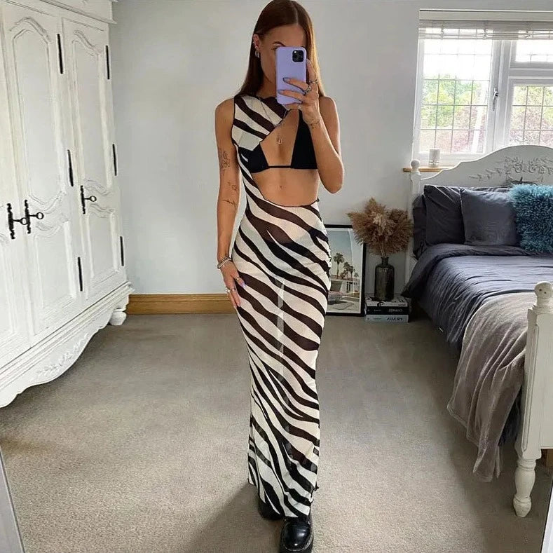 Zebra Striped See-through Long Dress