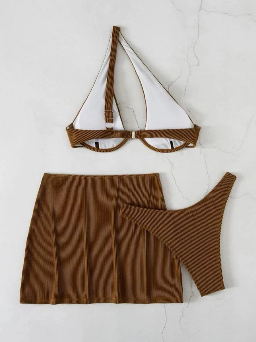 One Shoulder Thong Bikini 3 Piece Sets