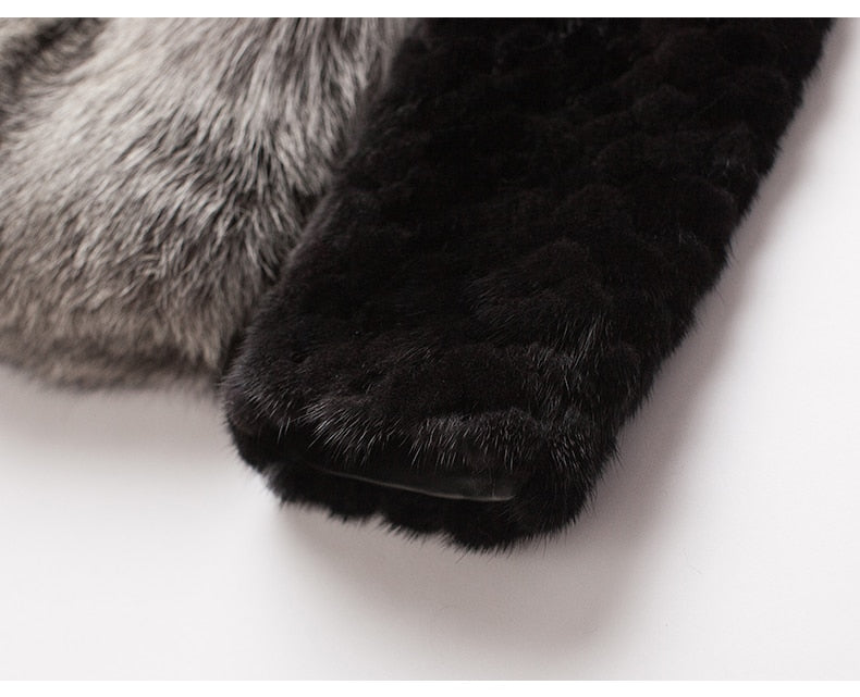 Real Fox Fur Hooded Coats Black Real Mink Fur Sleeves