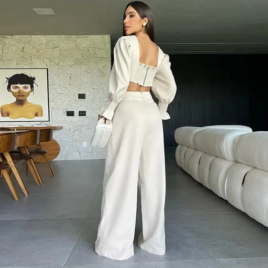 Flower Backless Crop Top & Wide Leg Pants Set