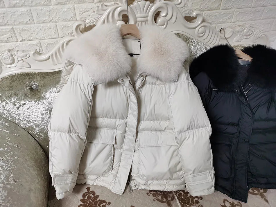 Losse Duck Down Real Fox Fur Collar Parka Puffer Coats
