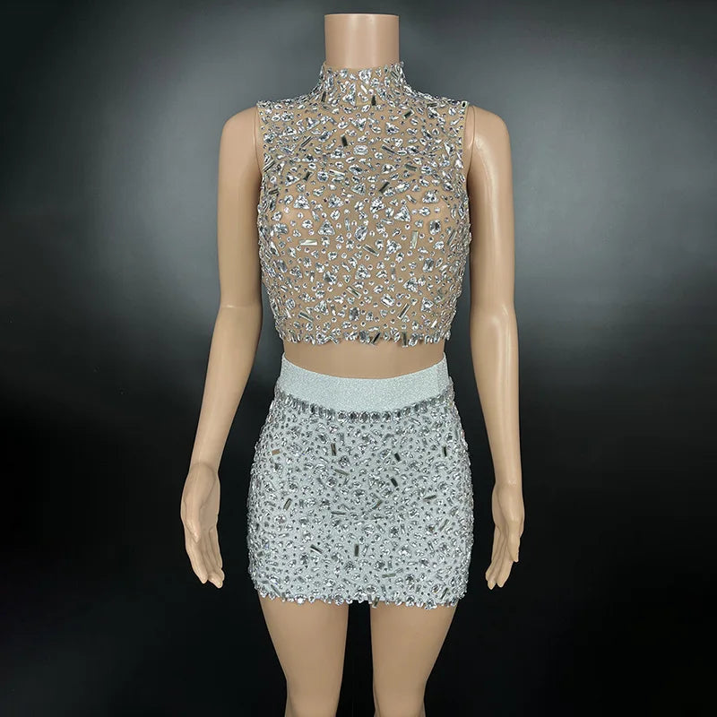 Sleeveless Crystal Diamond Mini Skirt Set