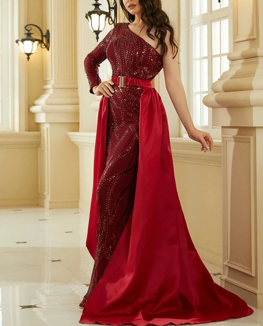 Sequin One Shoulder Waist Shawl Long Dresses