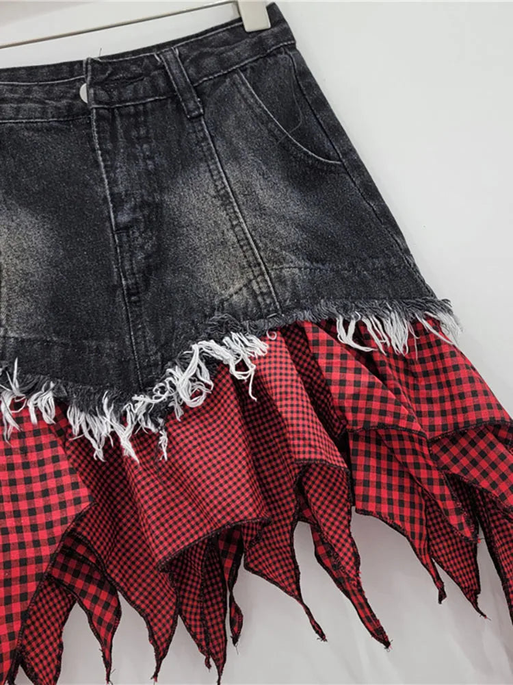 Denim Spliced Irregular Ruffles Mini Skirt