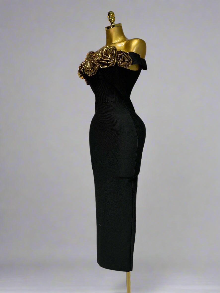 Gold 3D Flowers Sleeveless Long Dresses