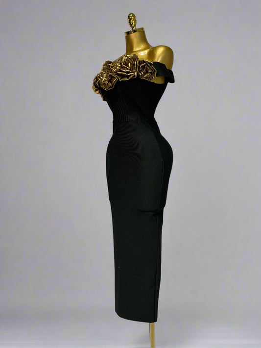 Gold 3D Flowers Sleeveless Long Dresses