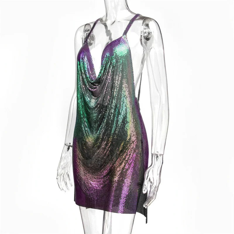 Metallic Chain Halter Metal Backless Mini Dresses