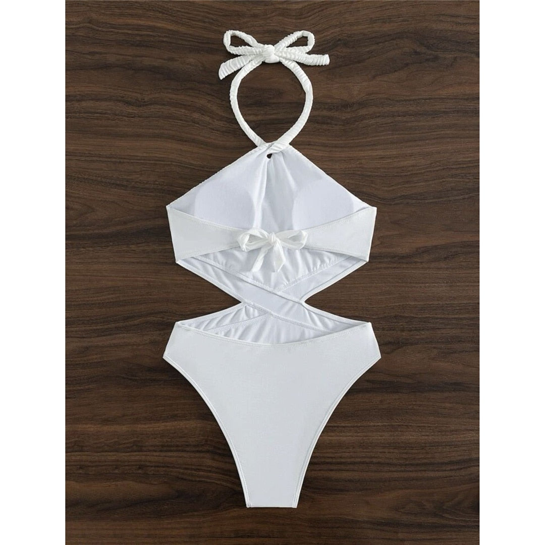 Halter Cut Out Wrinkled One Pieces