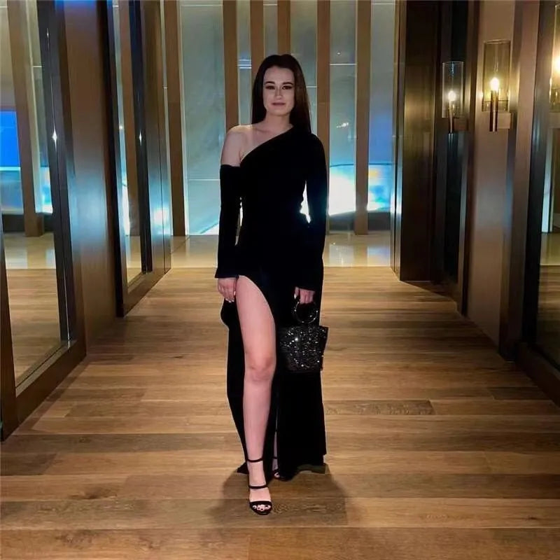 Black One Shoulder High Split Maxi Dress