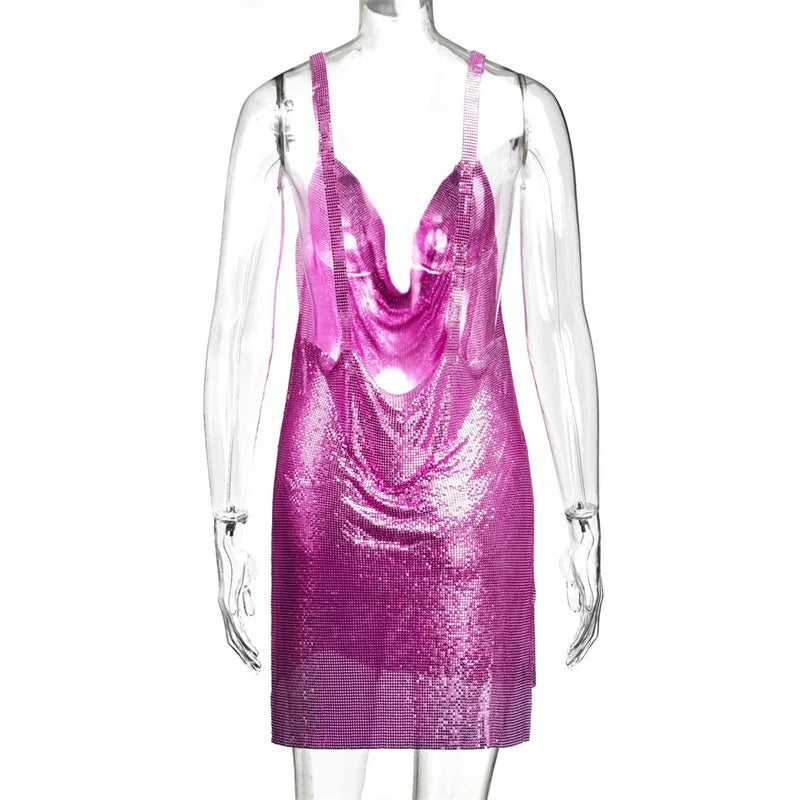 Metallic Chain Halter Metal Backless Mini Dresses
