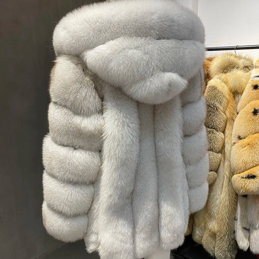 Hooded Real Fox Fur Coats Mid Length
