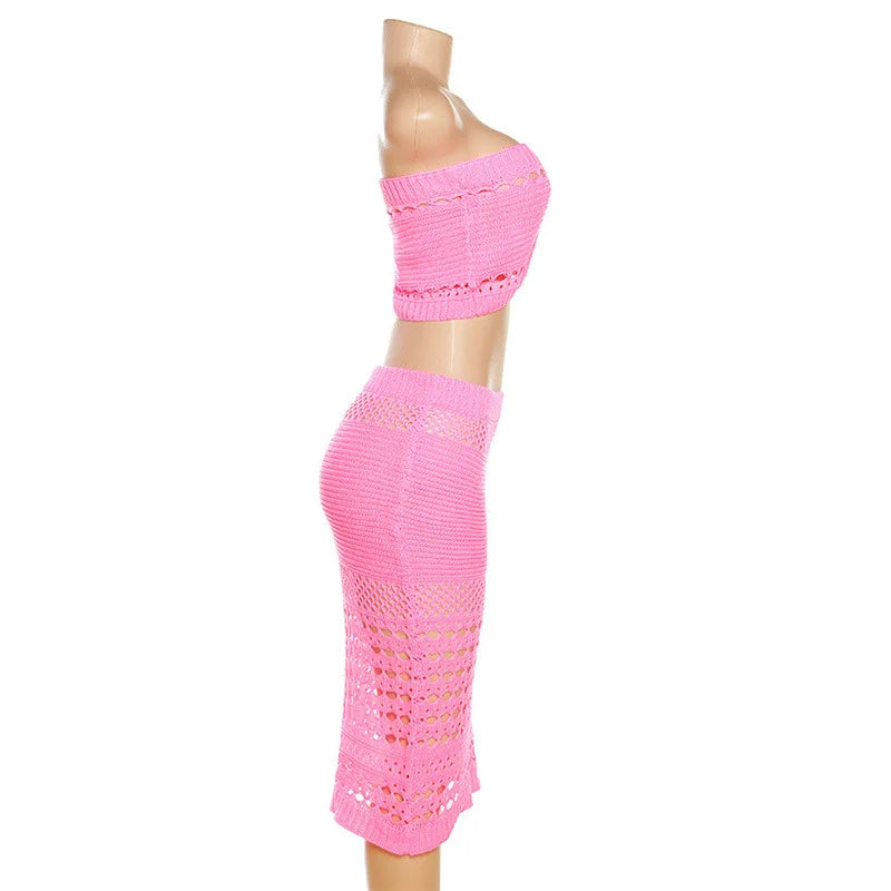 Hollow Knitted Crops & High Waist Midi Skirts Sets