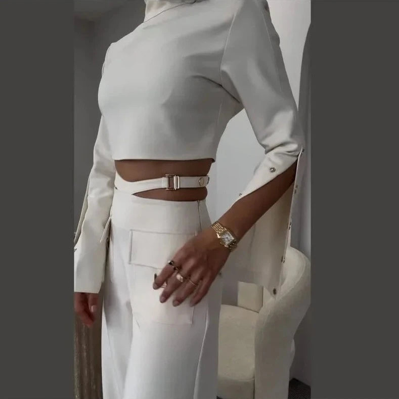 Button Long Sleeve Crop & X-Wide Leg Pant Sets