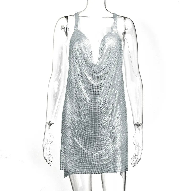 Metallic Chain Halter Metal Backless Mini Dresses