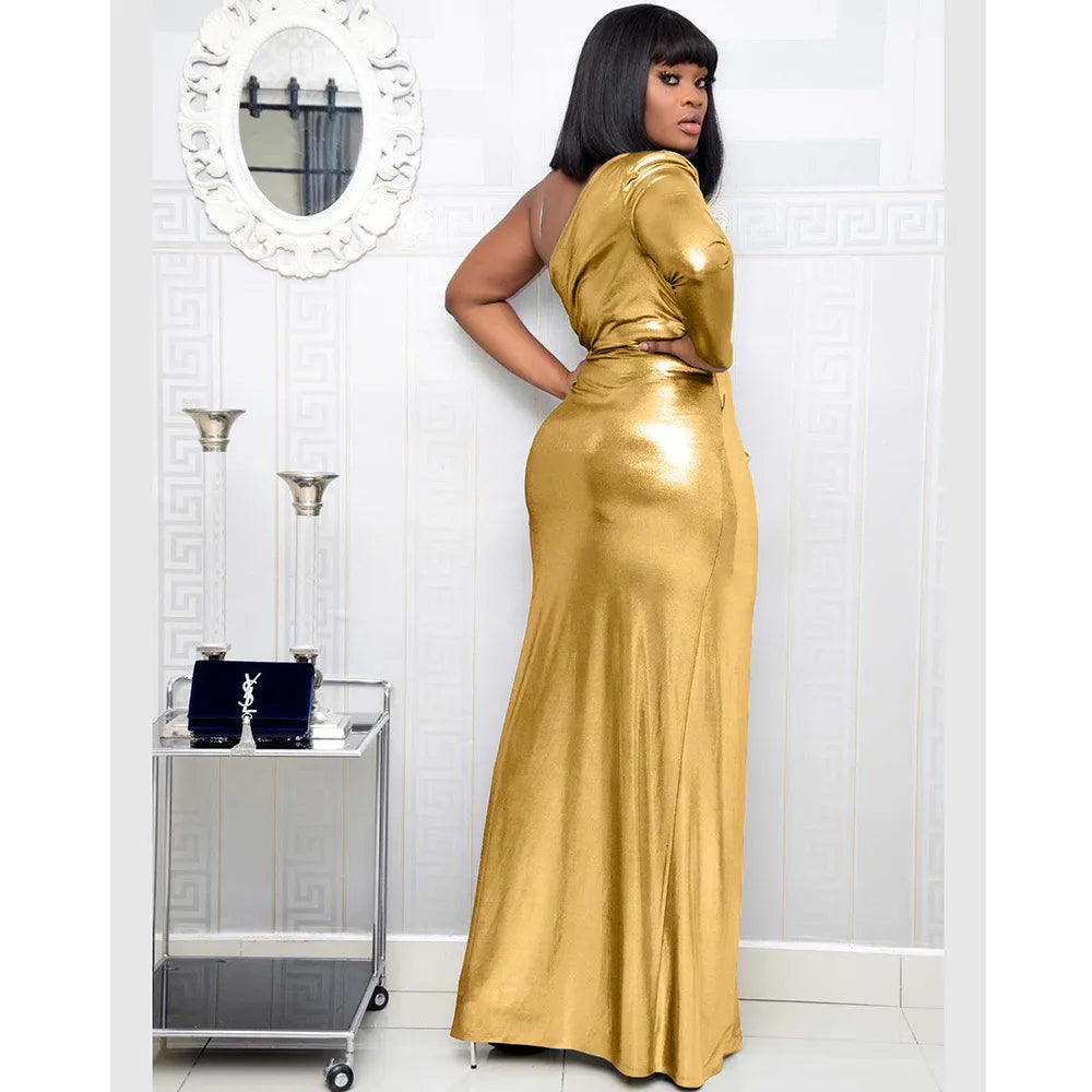 Metallic One Shoulder High Slit Maxi Dresses