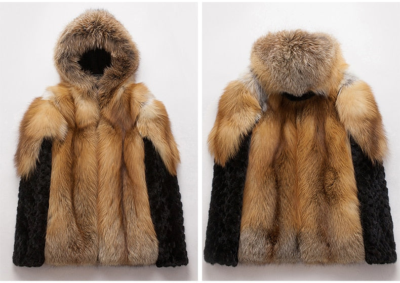 Real Fox Fur Hooded Coats Black Real Mink Fur Sleeves