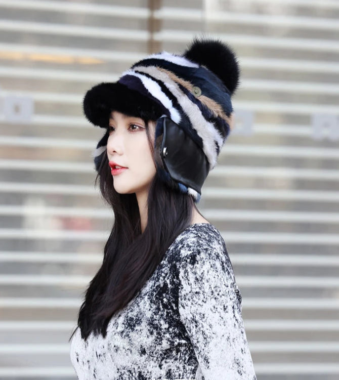 Colorful Real Mink Fur Bomber Hats Fur Pompoms