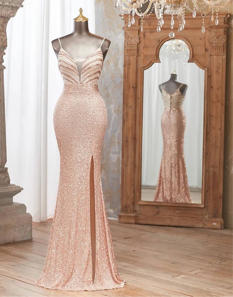 Sequin Sleeveless Strap High Slit Long Dresses