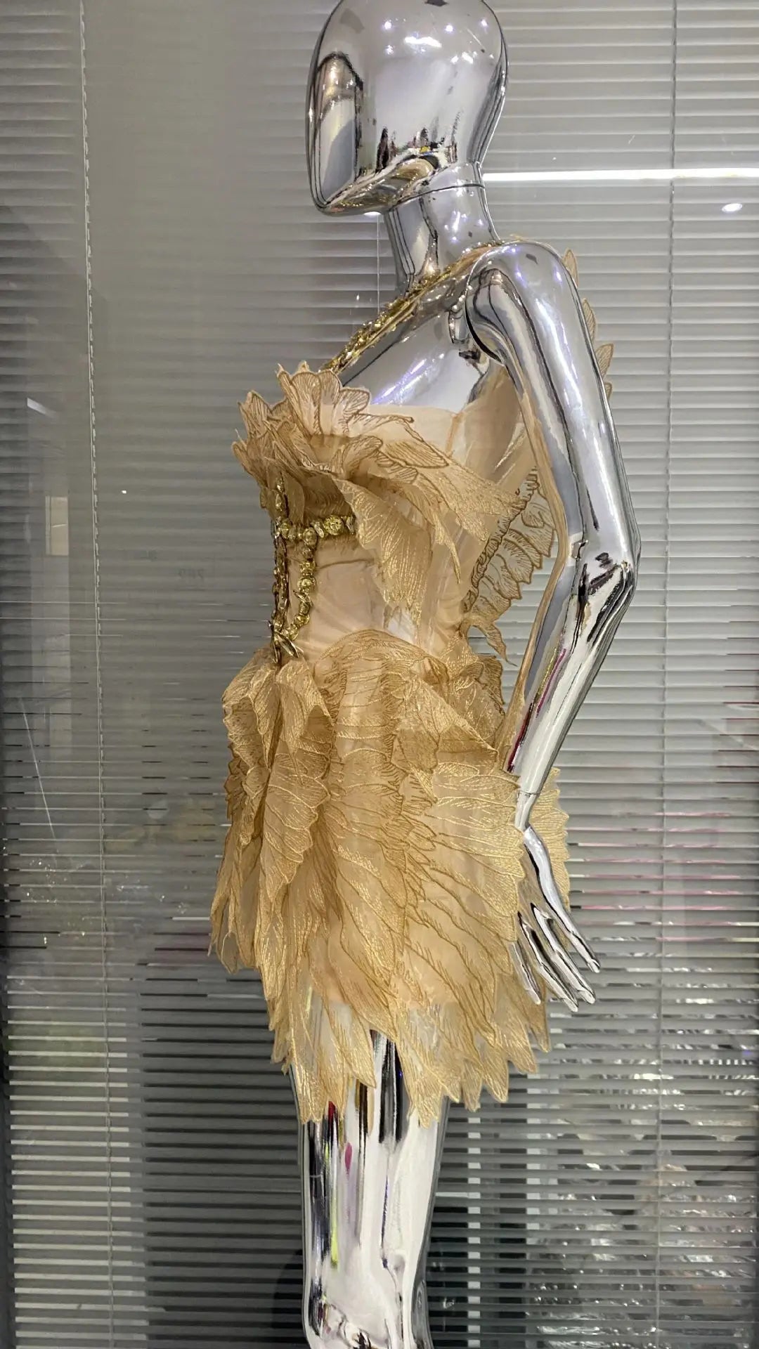 Crystal Wing Feather Mesh Crystal Mini Dresses