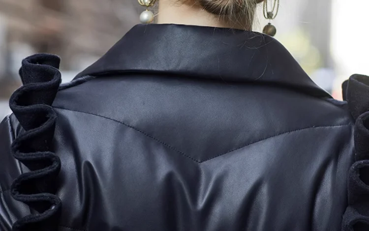 Genuine Leather Coat Ruffle Shoulders Goose Down
