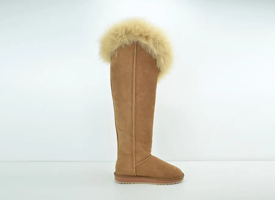 Genuine Leather Natural Side Fur Long Boots