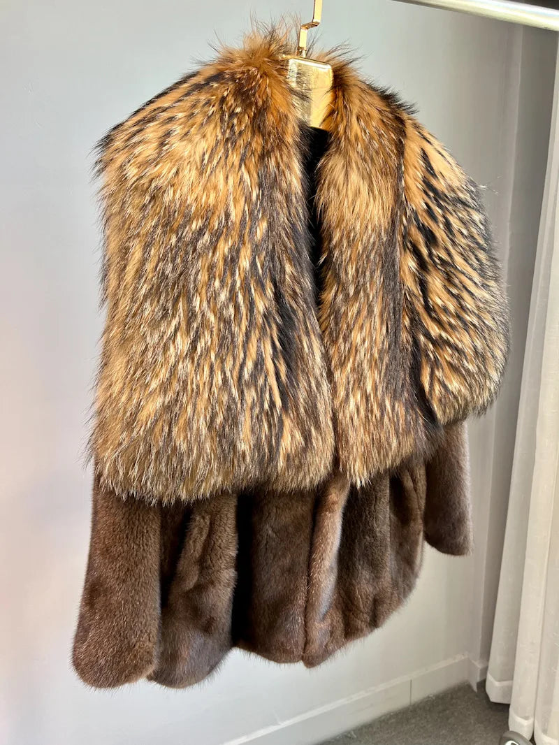 Luxury Real Mink Fur Coat Huge Fox Fur Collar