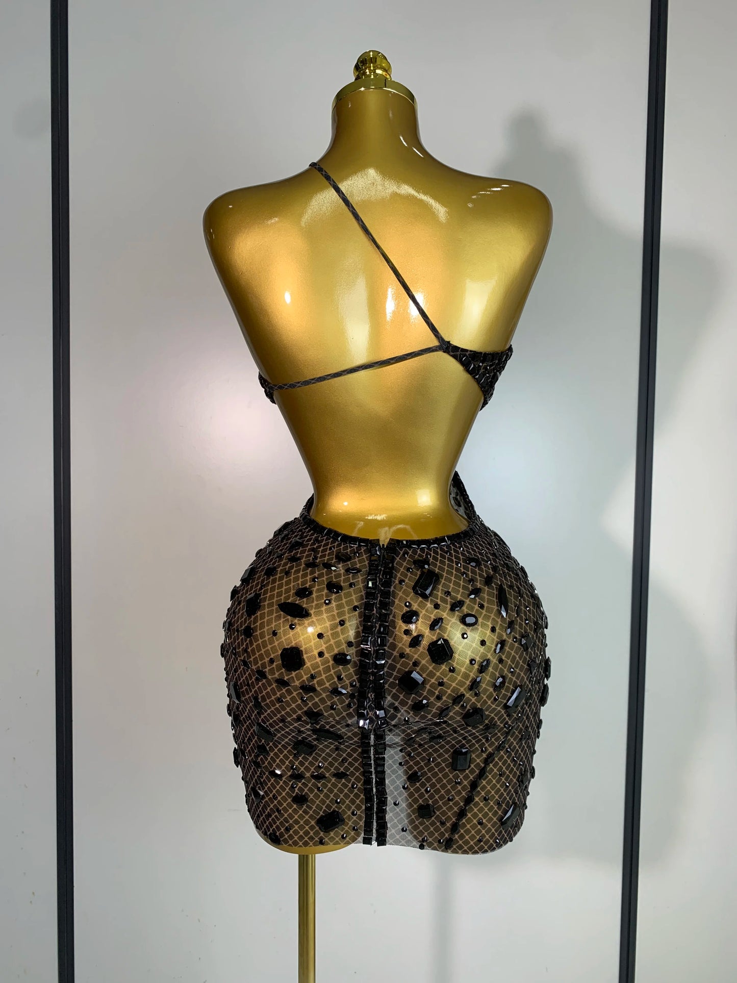 Rhinestone Hollow Backless Mesh Mini Dresses
