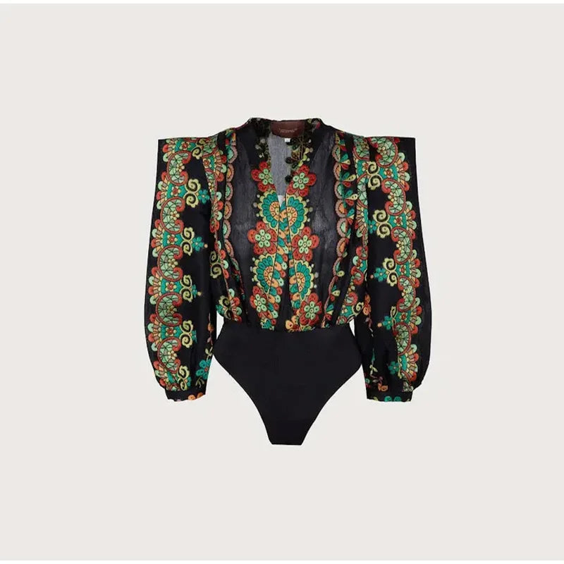 Shoulder Pads Puff Sleeve Bodysuit & Long Skirt Set
