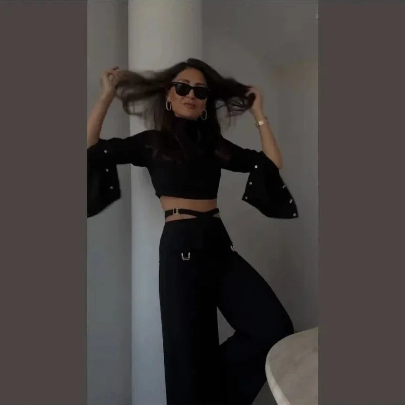 Button Long Sleeve Crop & X-Wide Leg Pant Sets