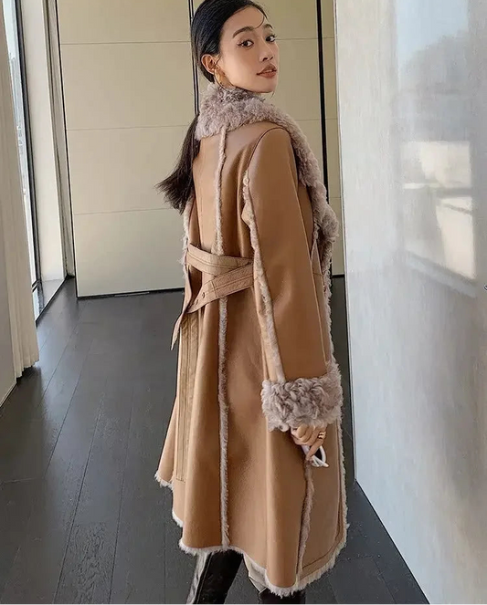 Genuine Leather Long Coats Curly Real Wool Fur