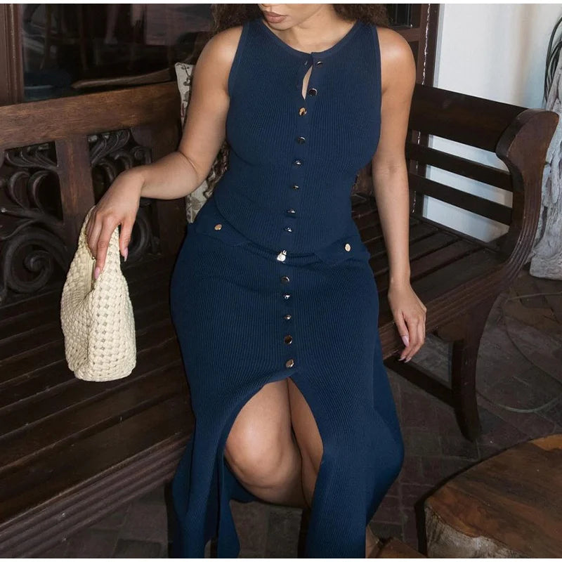 Knitted Sleeveless Button Up Long Dresses