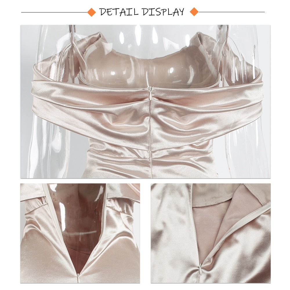 Satin Off The Shoulder Pleated Mid Split Dresses