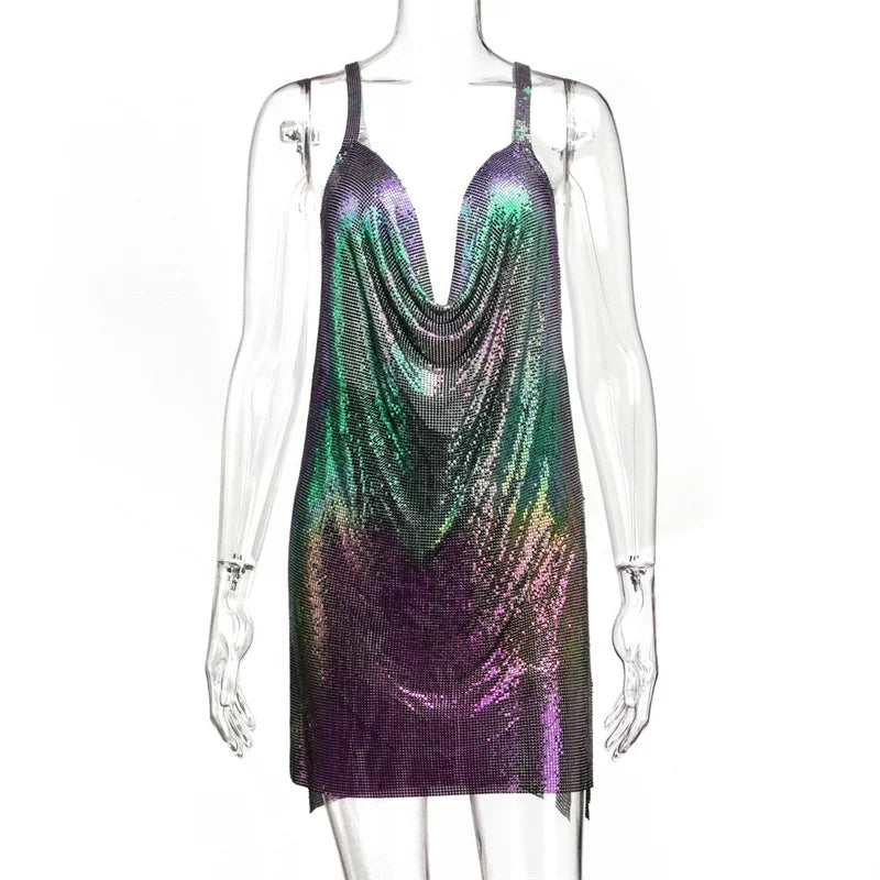 Metallic Chain Halter Metal Backless Mini Dresses