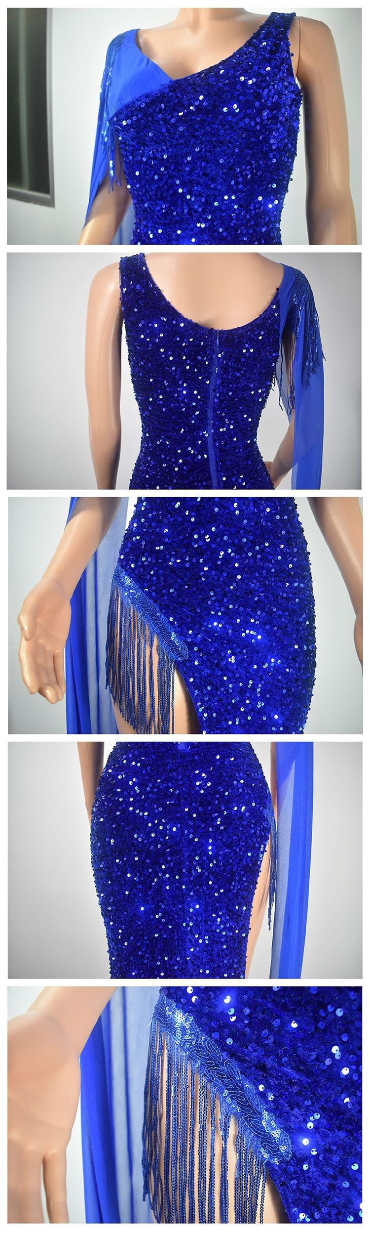 Sequin One Sleeve Drape Tassel Maxi Dresses