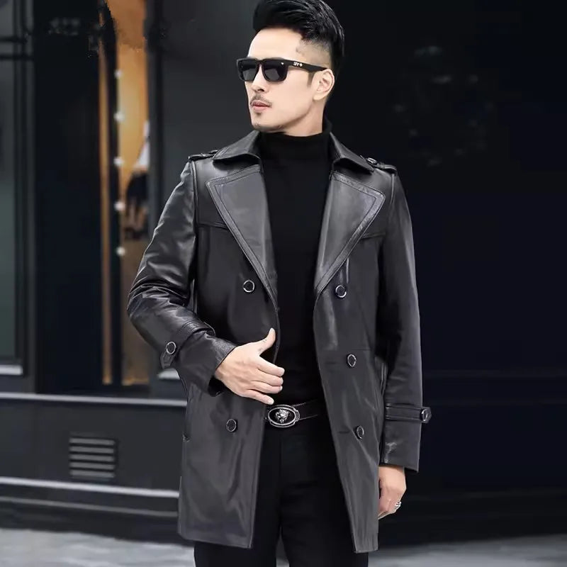 Genuine Leather Down Trench Coats Real Fur Collar