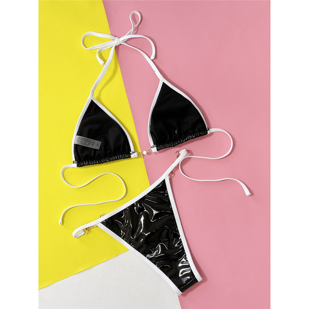 PU Faux Leather Splicing Bikini Set